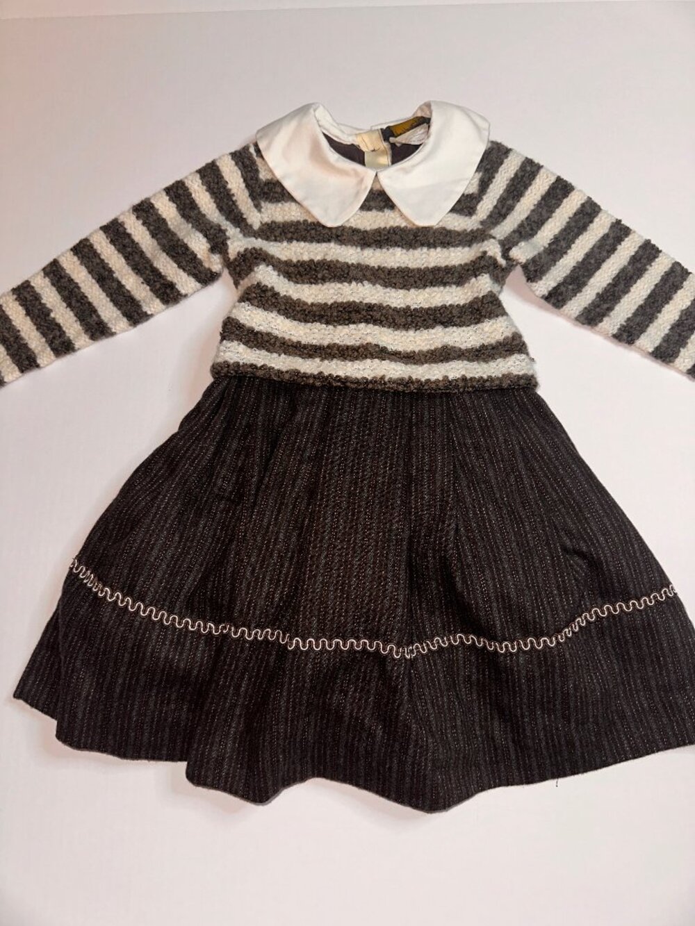 VTG Image Girls sz 8 Gray White Striped Peter Pan Collar Dress Tweed Long